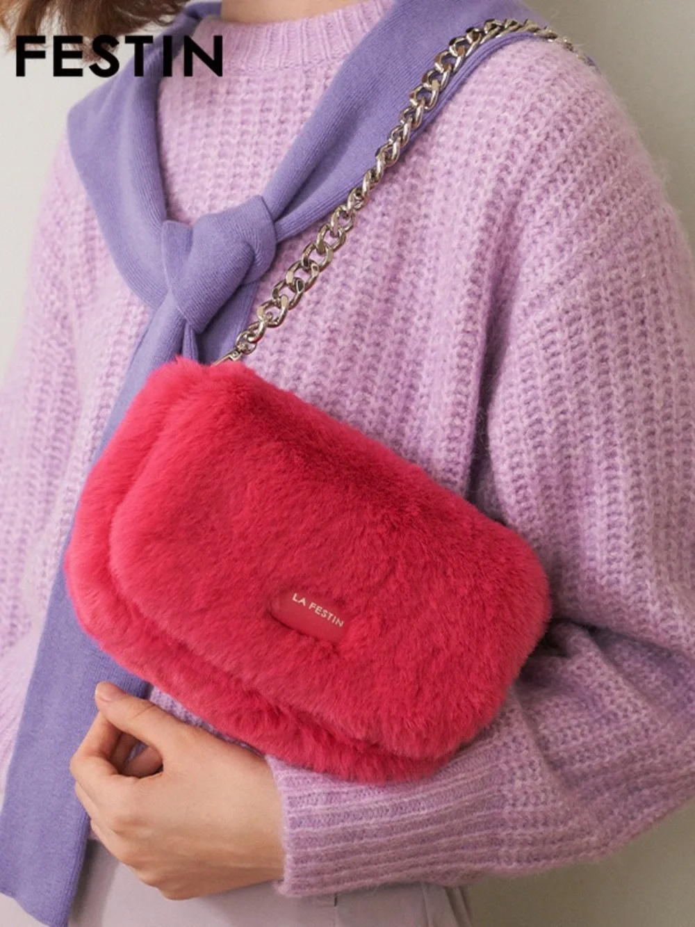 Hot Pink Faux Fur Chain Clutch